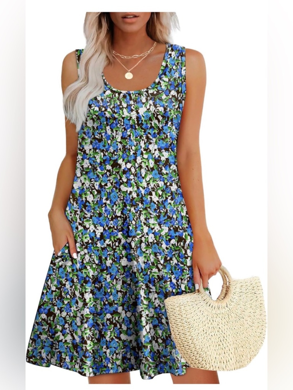 XL Blue Floral Sleeveless Dress Pockets Casual Flowy Midi Stretch Summer